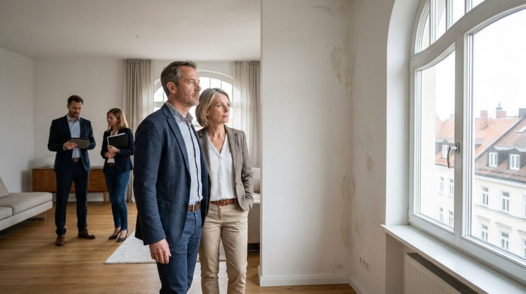 Wohnung vor Kauf prüfen in München – Käufer betrachten den Zustand einer Eigentumswohnung