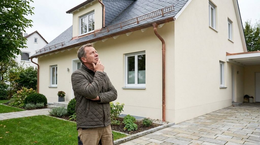 Dachschaden an einem Wohnhaus in München – Eigentümer betrachtet Dach und Dachrinne