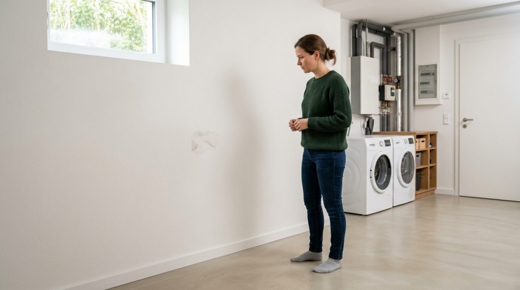 Eigentümer betrachtet Wasserfleck an einer Wand in einem Wohnhaus in München